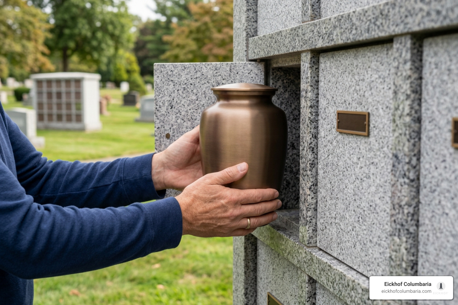 Careful placement of a bronze cremation urn inside an individual niche Careful placement of a bronze cremation urn inside an individual niche