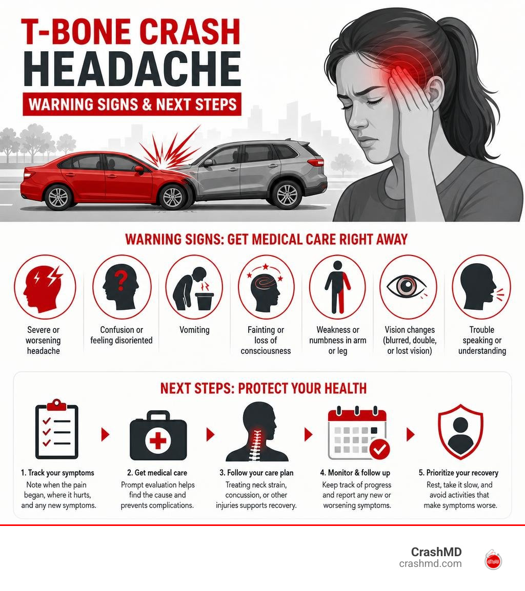 T-bone crash headache warning signs and next steps infographic T-bone crash headache warning signs and next steps infographic