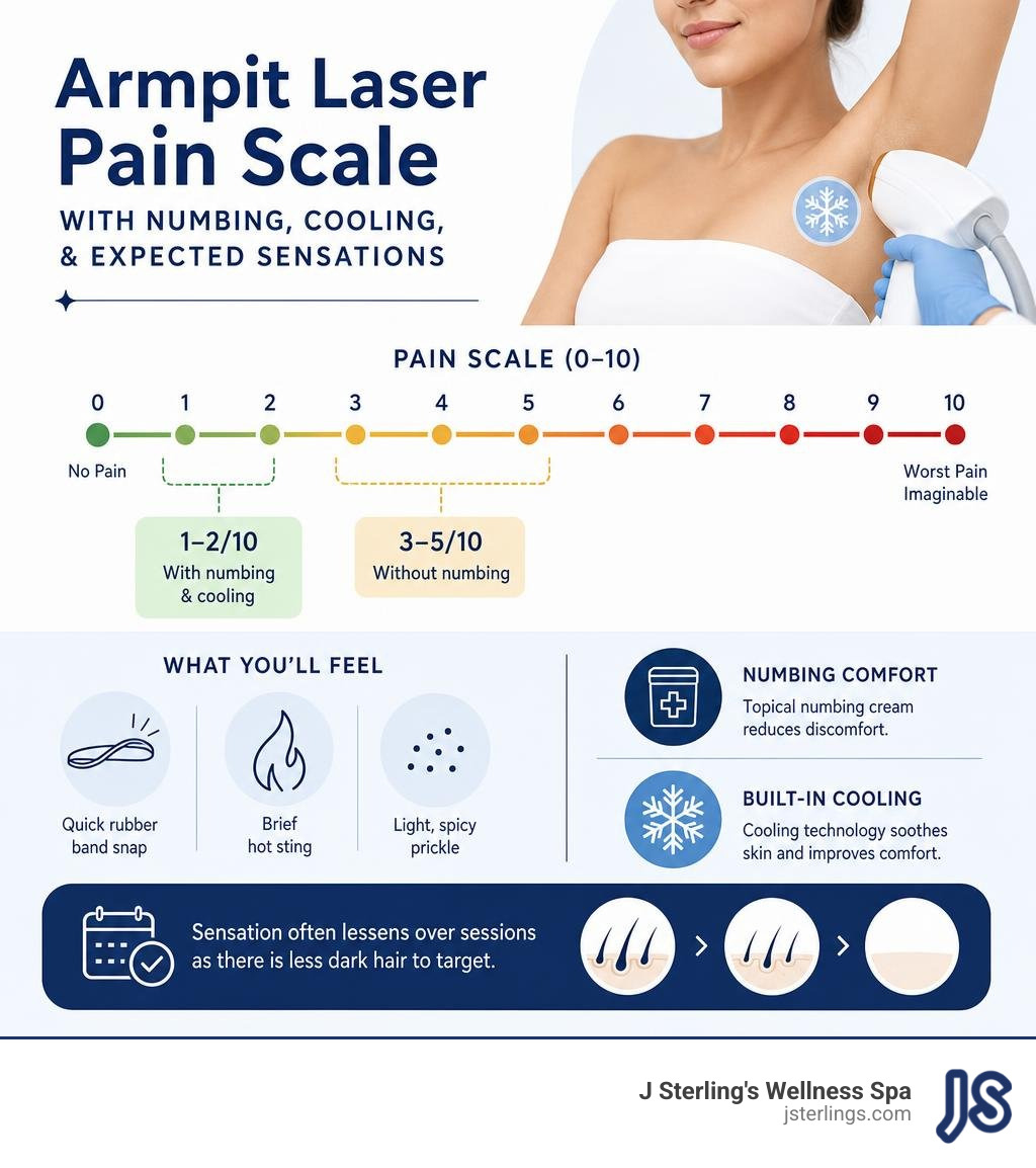 Armpit laser pain scale with numbing, cooling, and expected sensations infographic Armpit laser pain scale with numbing, cooling, and expected sensations infographic