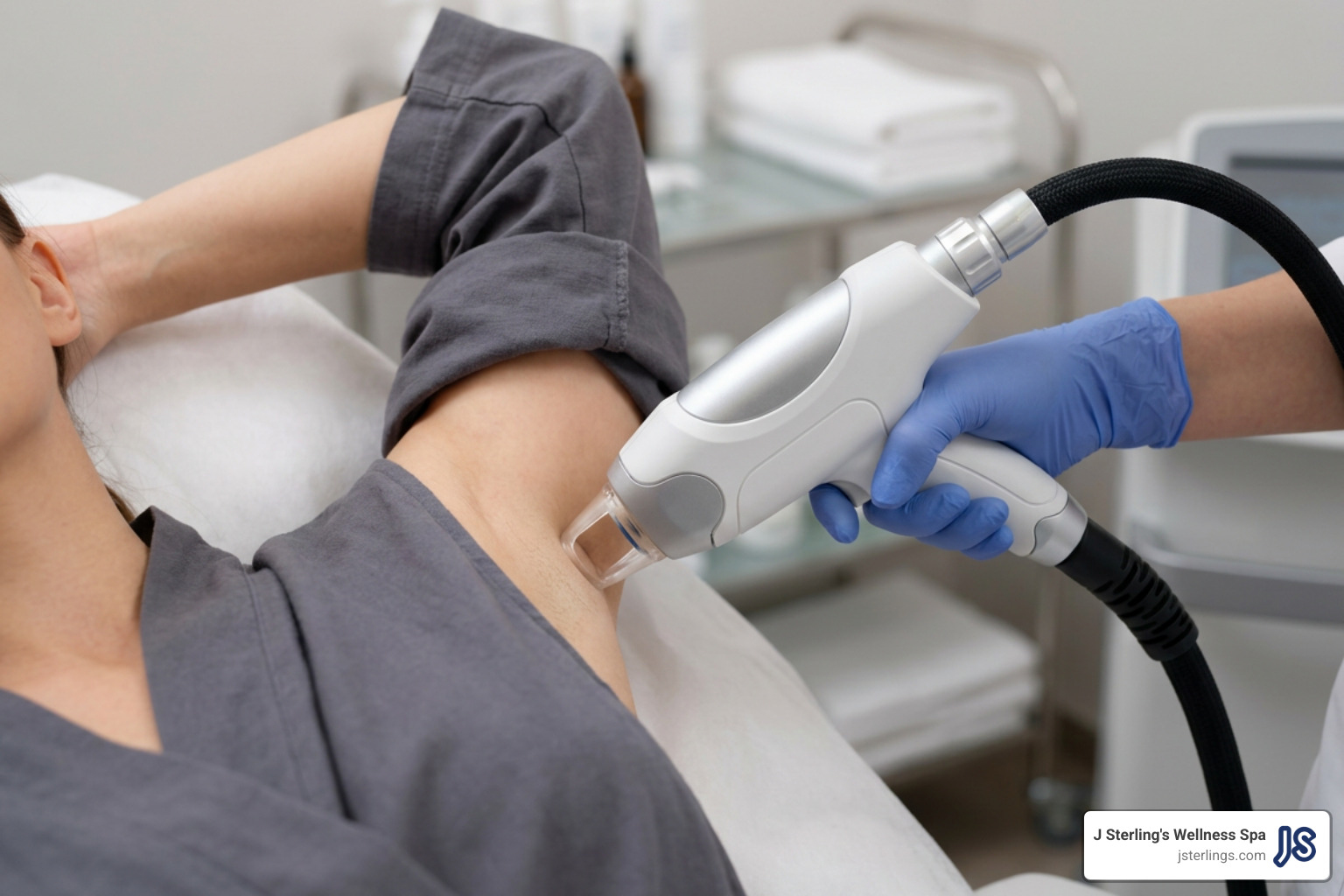 Laser handpiece with integrated cooling tip treating underarm skin Laser handpiece with integrated cooling tip treating underarm skin