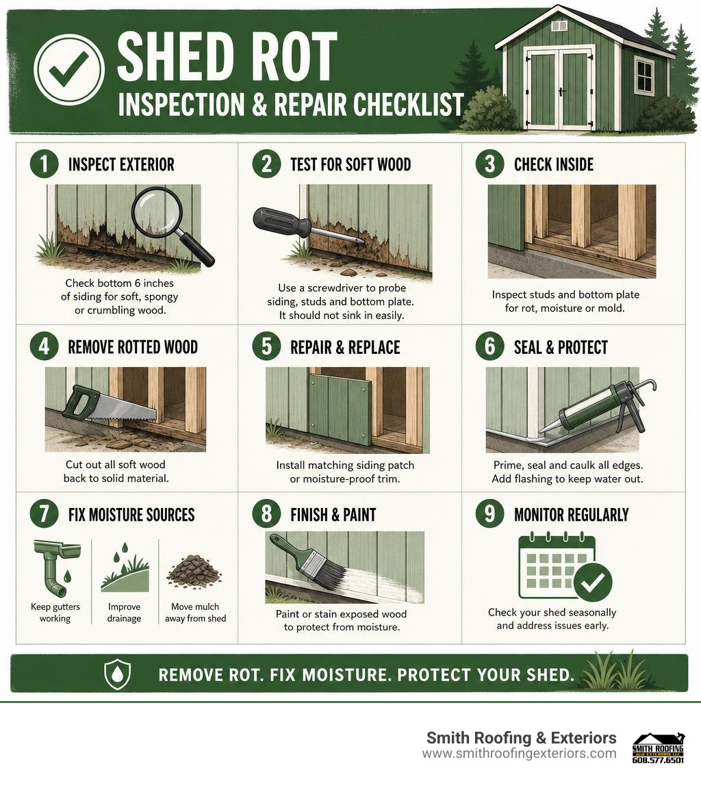 Shed rot inspection and repair checklist infographic Shed rot inspection and repair checklist infographic