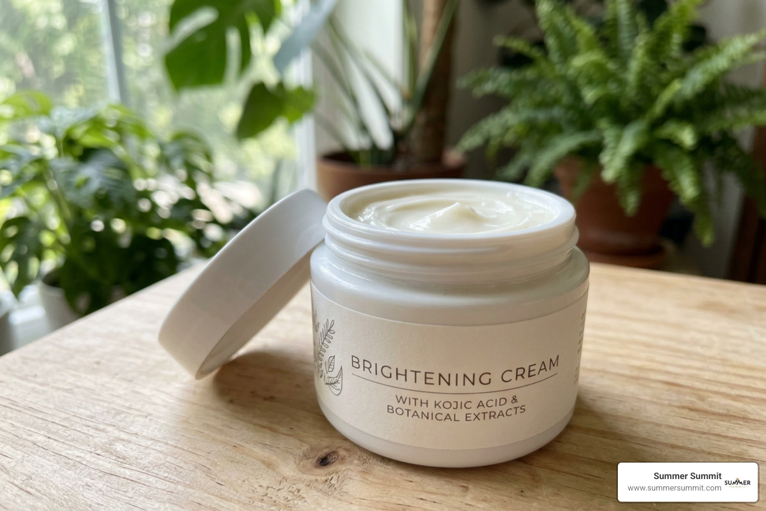 Multi-active skin brightening cream jar formulated with botanical extracts and kojic acid