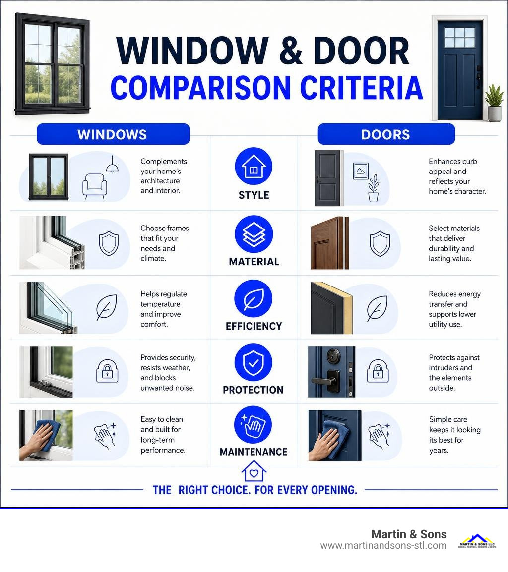 Window and door comparison criteria: style, material, efficiency, protection, and maintenance infographic Window and door comparison criteria: style, material, efficiency, protection, and maintenance infographic