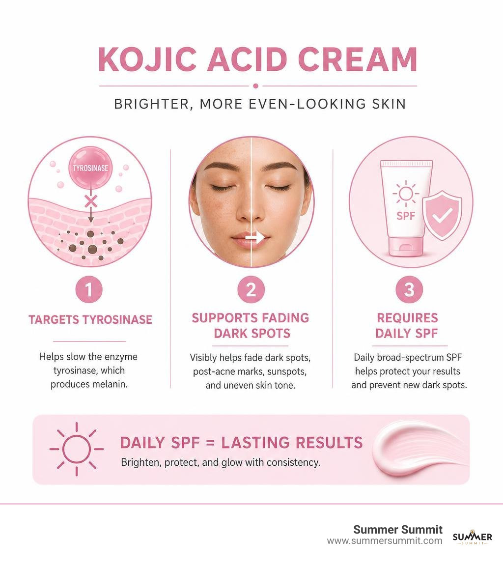 Kojic acid cream: targets tyrosinase, supports fading dark spots, requires daily SPF infographic