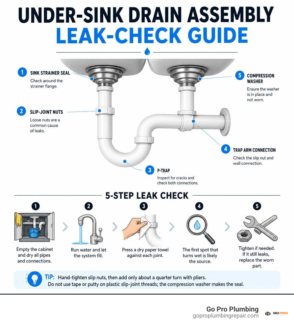 under-sink drain assembly leak-check infographic infographic