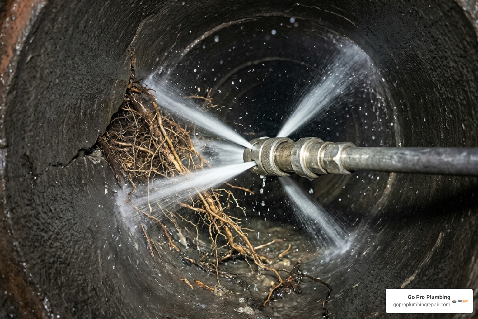 Tree root removal with hydro jetter nozzle inside sewer pipe Tree root removal with hydro jetter nozzle inside sewer pipe