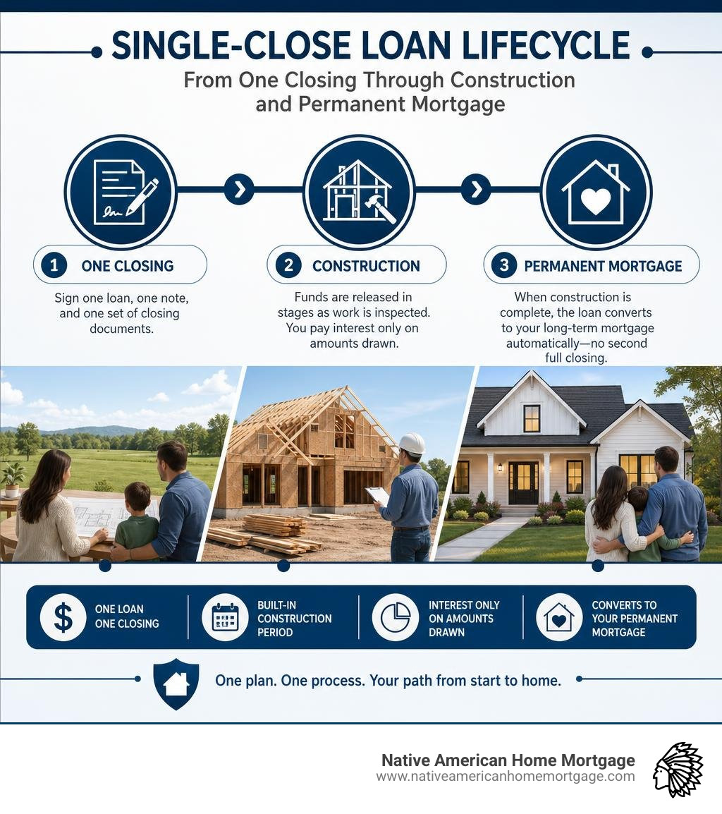 Single-close loan lifecycle from one closing through construction and permanent mortgage infographic