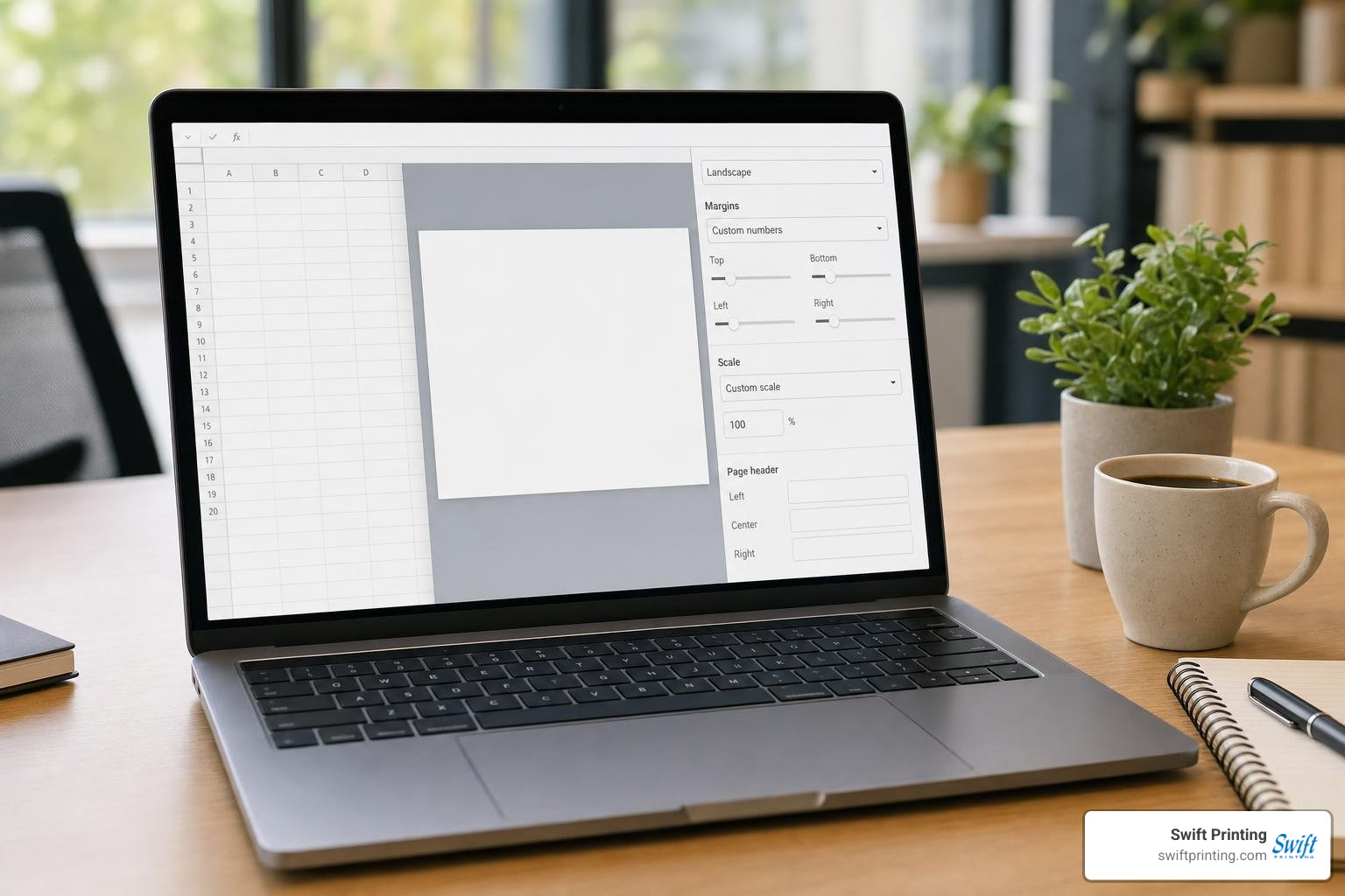 Google Sheets print configuration panel: landscape orientation, margins, custom scale, and page headers