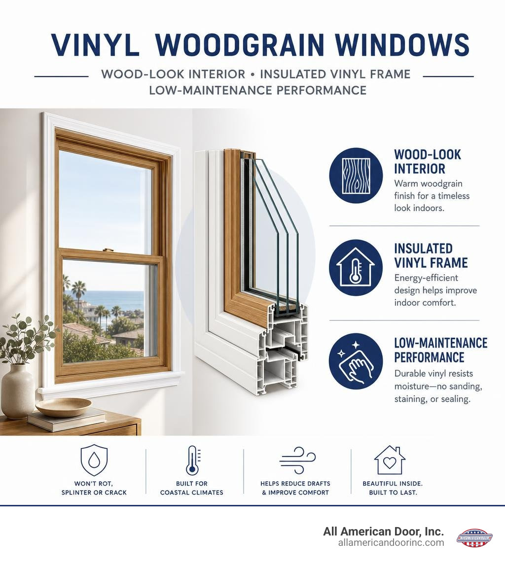 Vinyl woodgrain windows: wood-look interior, insulated vinyl frame, low-maintenance performance infographic Vinyl woodgrain windows: wood-look interior, insulated vinyl frame, low-maintenance performance infographic