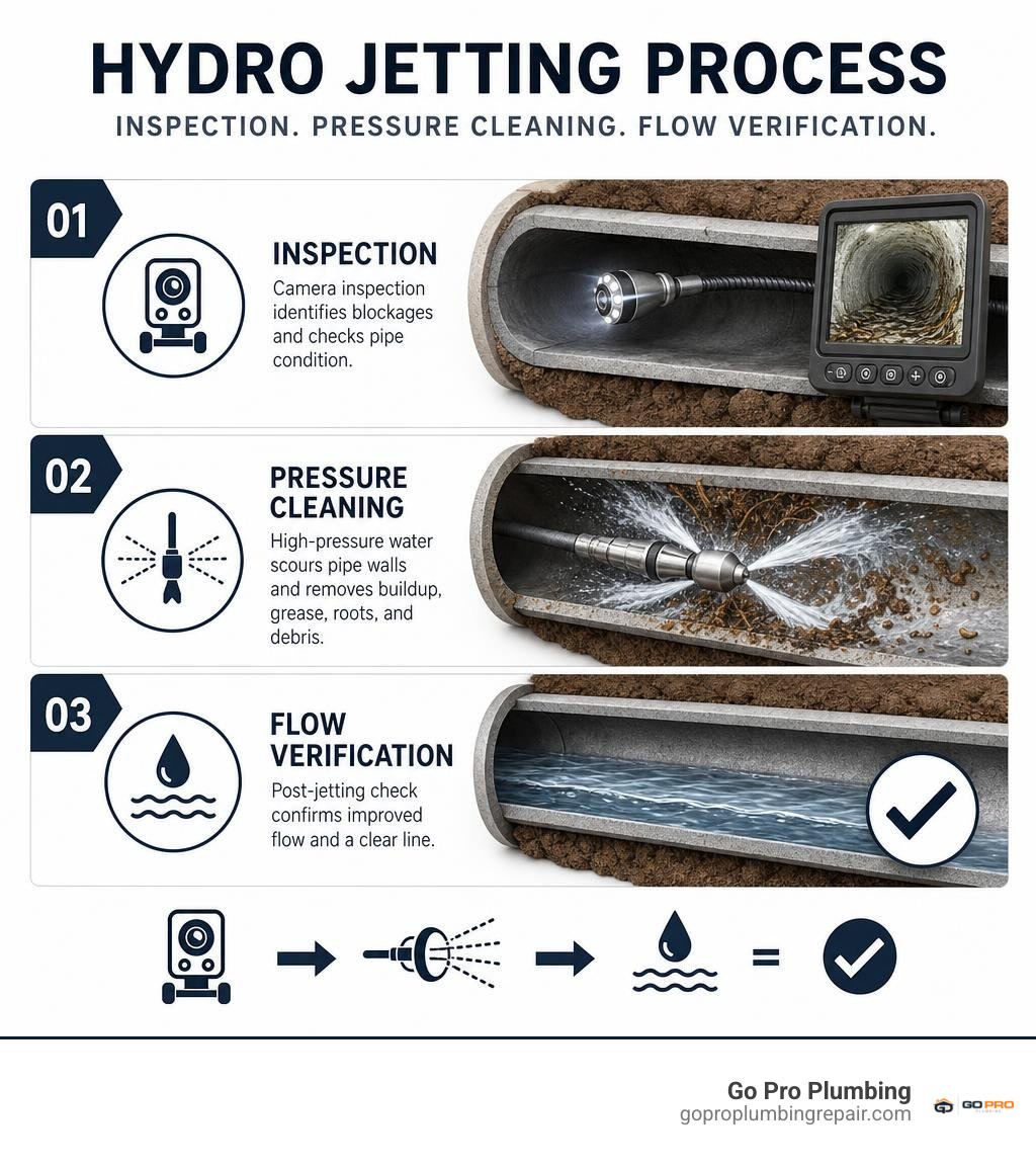 Hydro jetting company inspection, pressure cleaning, and flow verification infographic Hydro jetting company inspection, pressure cleaning, and flow verification infographic