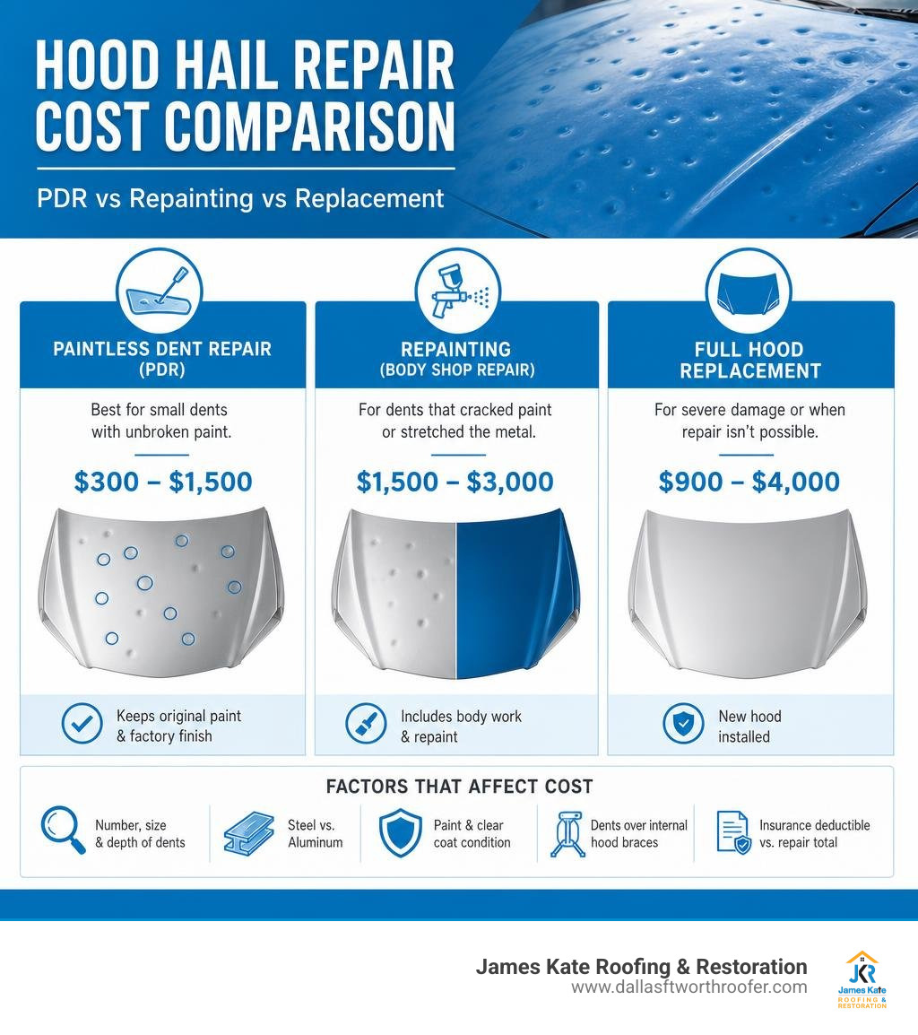 Hood hail repair cost comparison for PDR repainting and replacement infographic Hood hail repair cost comparison for PDR repainting and replacement infographic