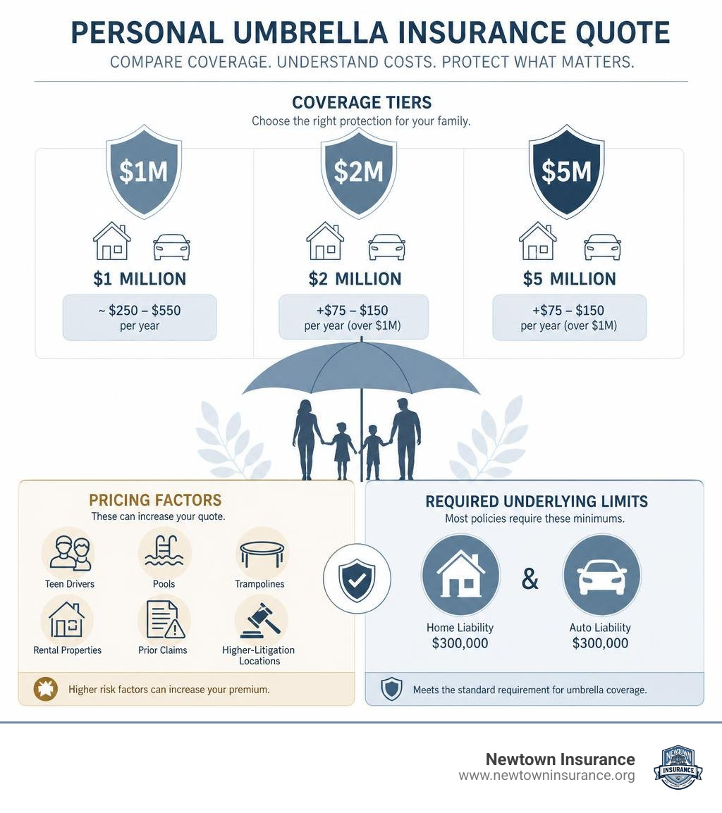Personal umbrella quote comparison: coverage tiers, pricing factors, and required limits infographic