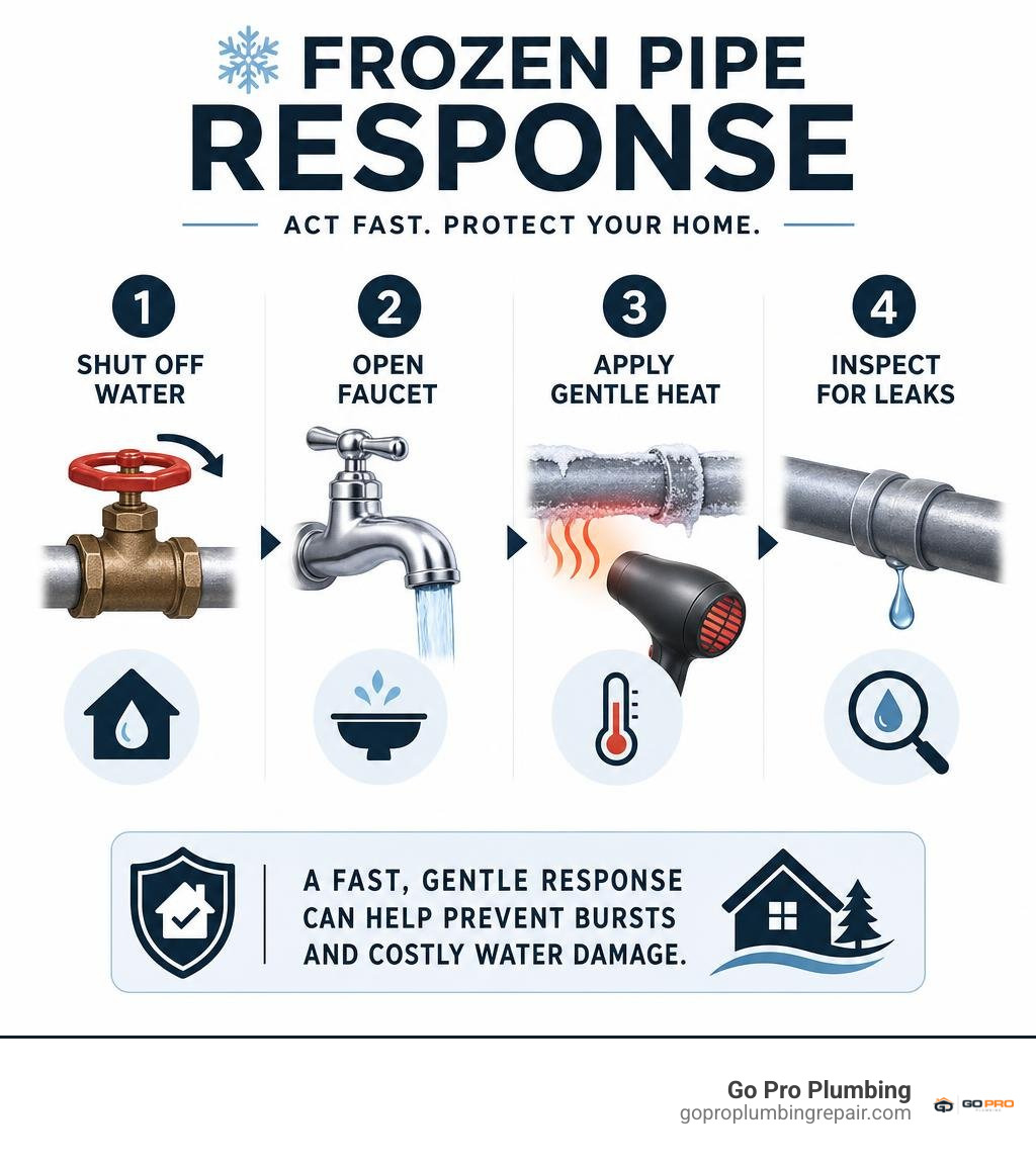frozen pipe response: shut off water, open faucet, apply gentle heat, inspect for leaks infographic frozen pipe response: shut off water, open faucet, apply gentle heat, inspect for leaks infographic