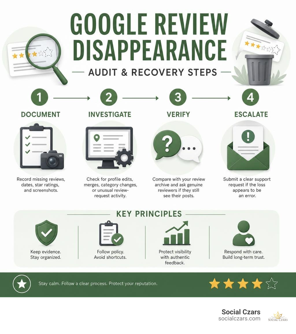 Google review disappearance audit and recovery steps infographic