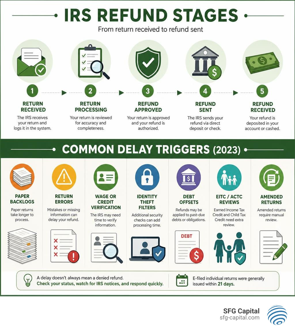 IRS refund stages and common delay triggers infographic IRS refund stages and common delay triggers infographic
