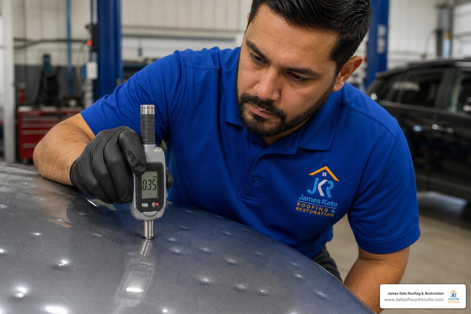 technician measuring hood hail dent depth with digital gauge technician measuring hood hail dent depth with digital gauge