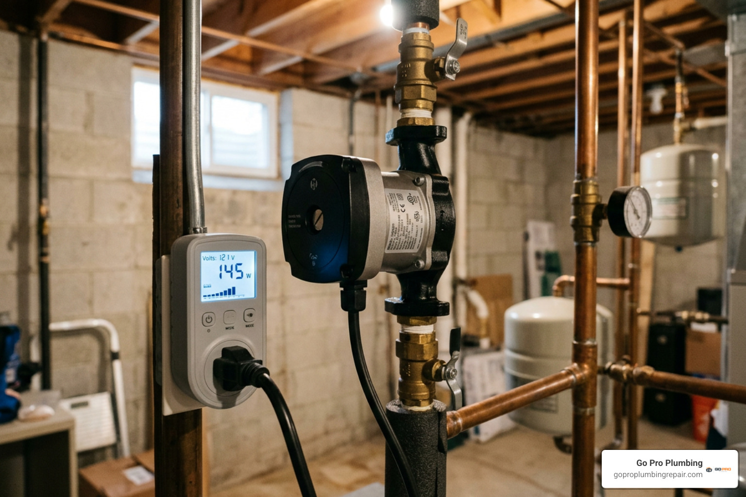 Energy monitoring plug measuring water pump electrical wattage
