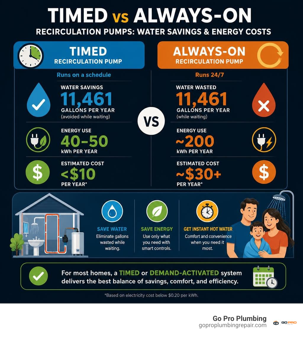 Infographic comparing water savings and energy costs of timed versus always-on recirculation pumps infographic