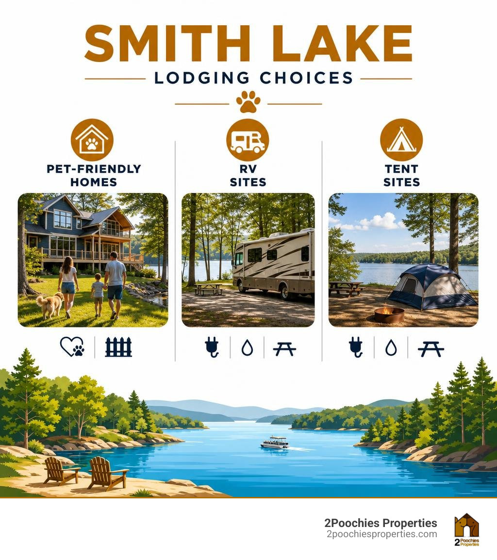Smith Lake lodging choices: pet-friendly homes, RV sites, and tent sites infographic