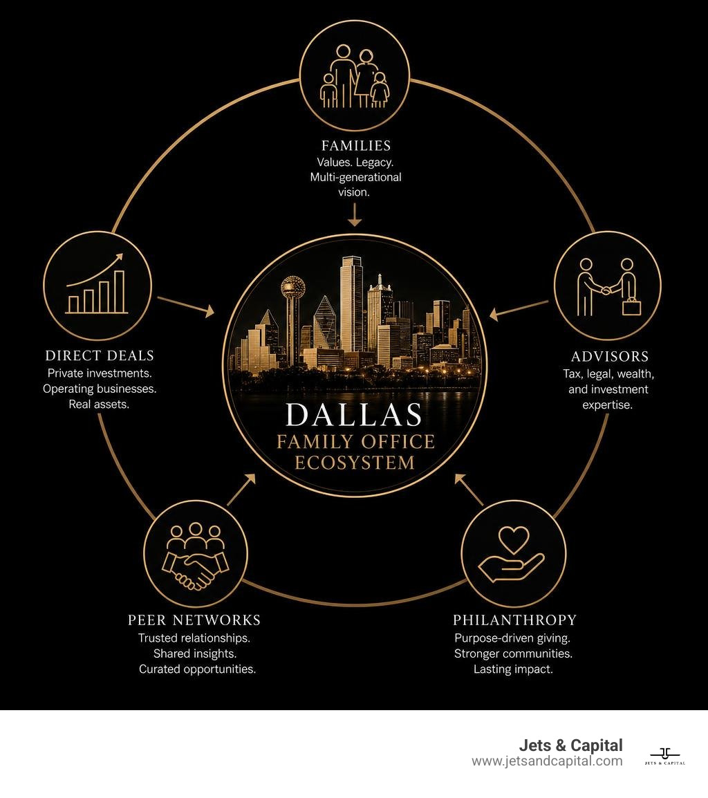 Dallas family office ecosystem: families, advisors, peer networks, direct deals, and philanthropy infographic Dallas family office ecosystem: families, advisors, peer networks, direct deals, and philanthropy infographic
