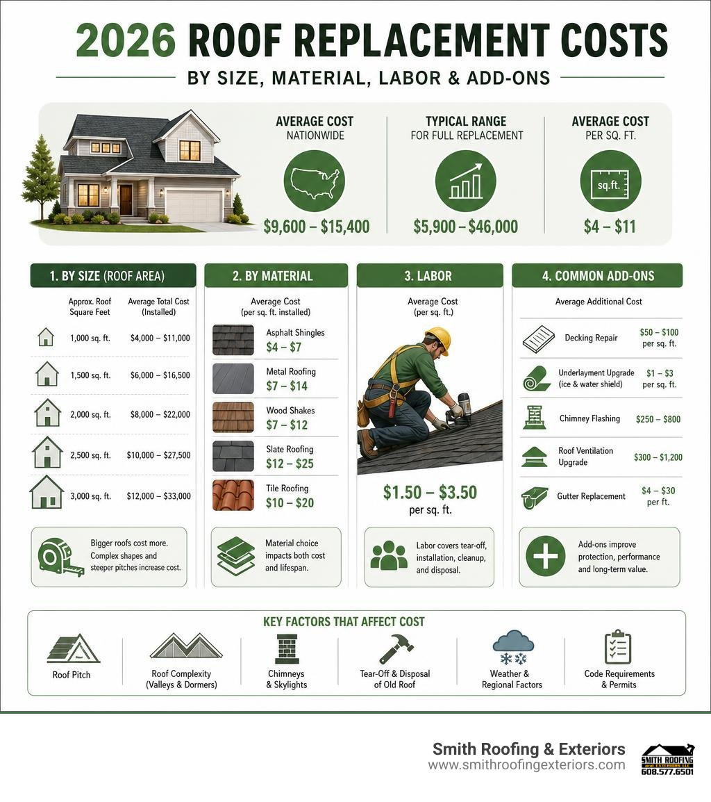 2026 roof replacement costs by size material labor and add-ons infographic 2026 roof replacement costs by size material labor and add-ons infographic