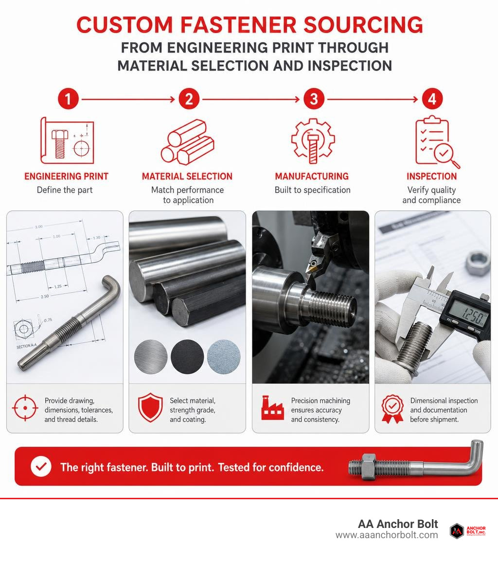 Custom fastener sourcing from engineering print through material selection and inspection infographic Custom fastener sourcing from engineering print through material selection and inspection infographic