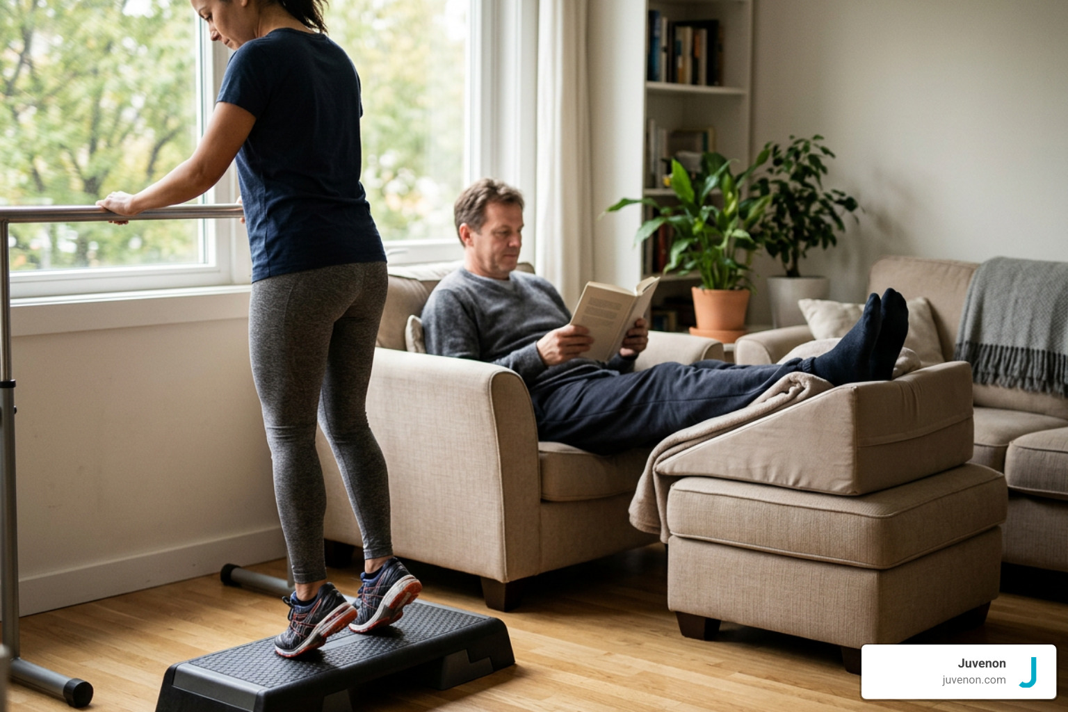 Person performing calf raises and resting with elevated legs to promote circulation