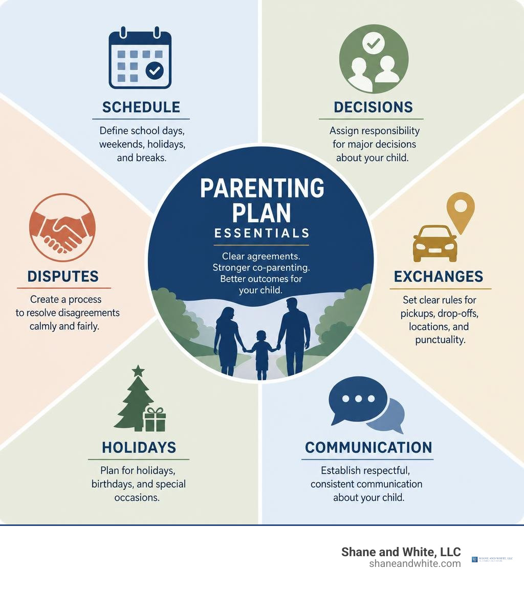 Parenting plan essentials: schedule, decisions, exchanges, communication, holidays, and disputes infographic