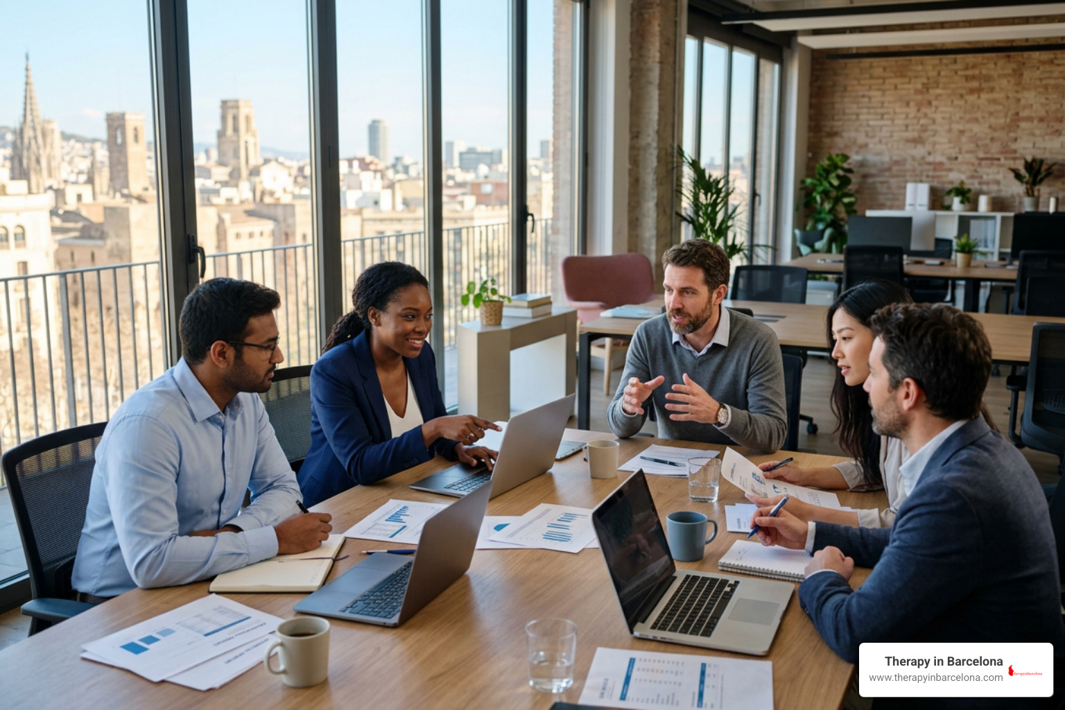 Corporate finance team collaborating in an open-plan Barcelona office