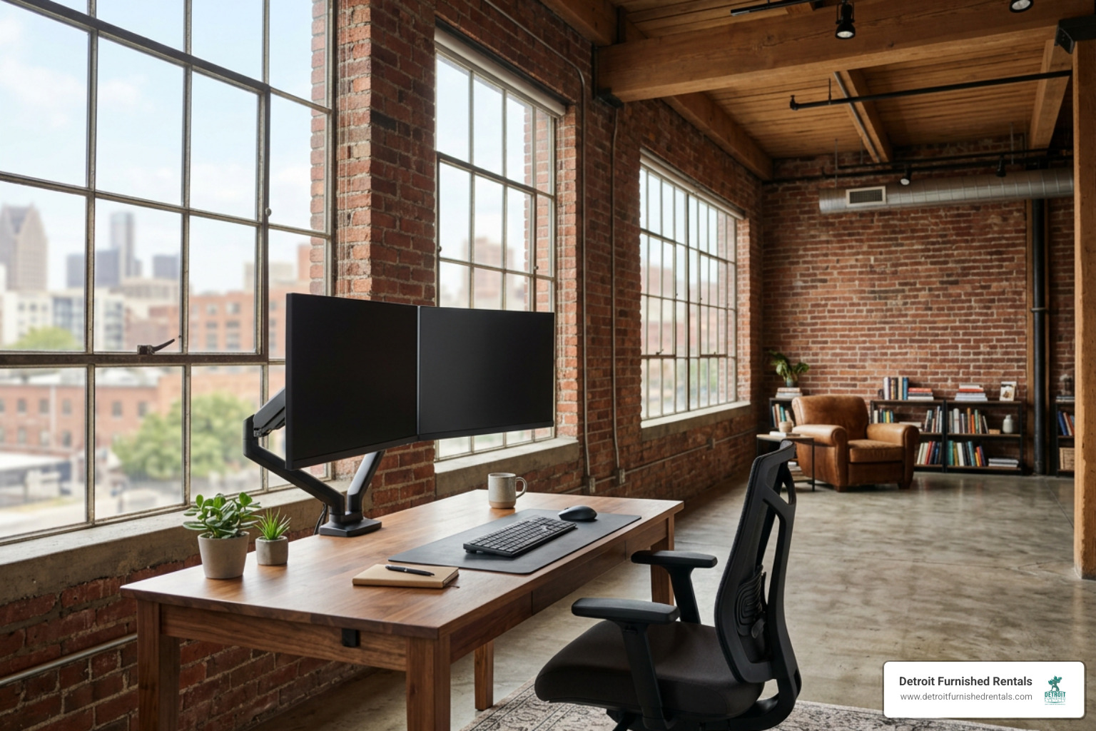 open-concept loft workspace setup with ergonomic desk, monitors, and natural daylight open-concept loft workspace setup with ergonomic desk, monitors, and natural daylight