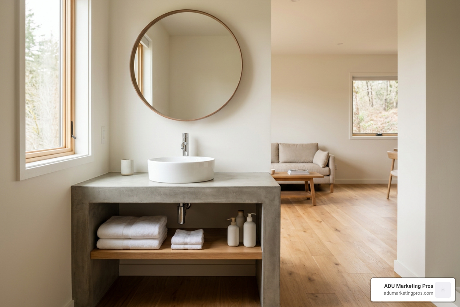 Interior of a luxury tiny home showcasing custom concrete vanity and radiant hardwood floors