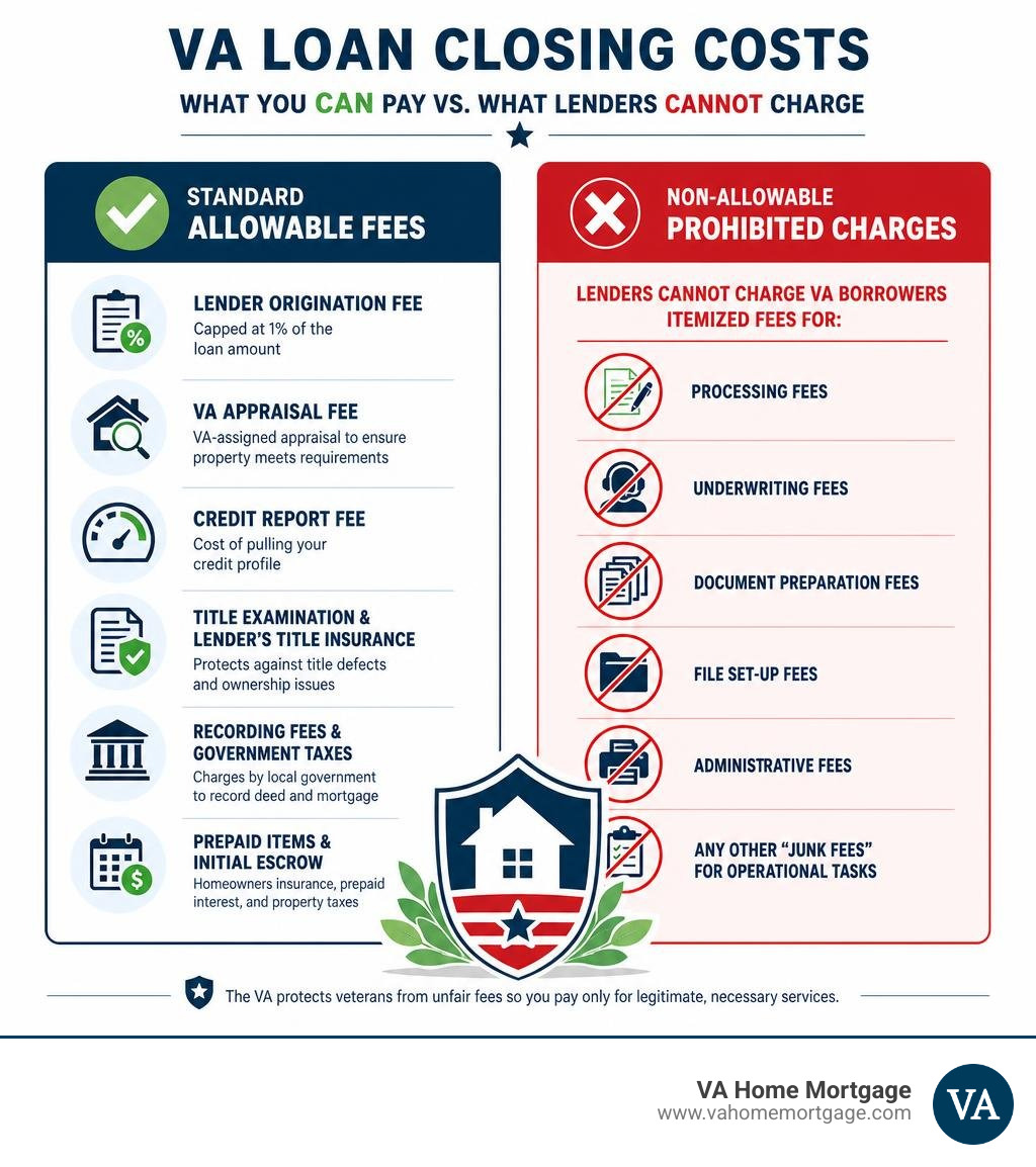 Breakdown of standard VA loan closing costs versus prohibited non-allowable charges infographic Breakdown of standard VA loan closing costs versus prohibited non-allowable charges infographic
