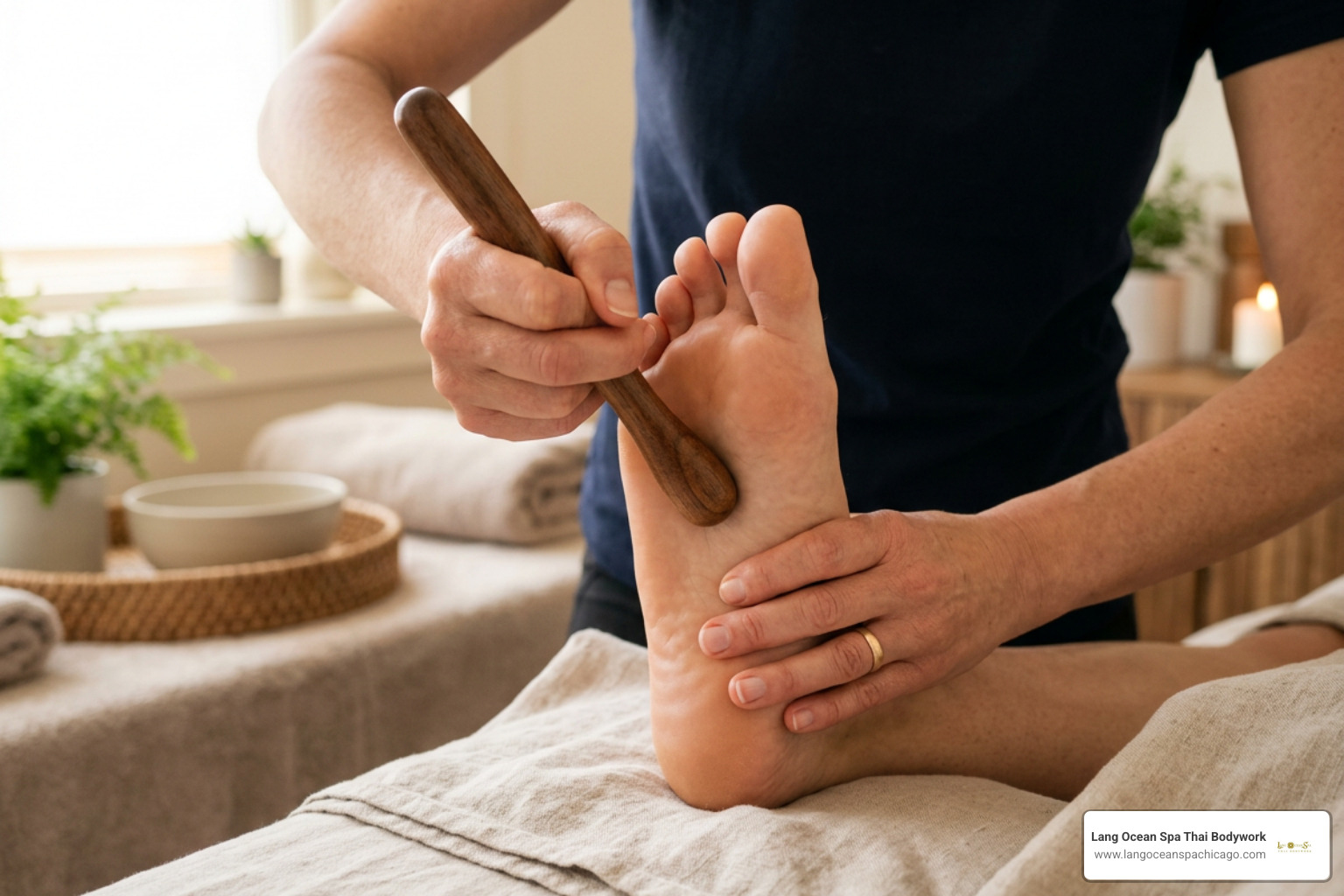 Thai wooden massage stick technique on foot pressure points