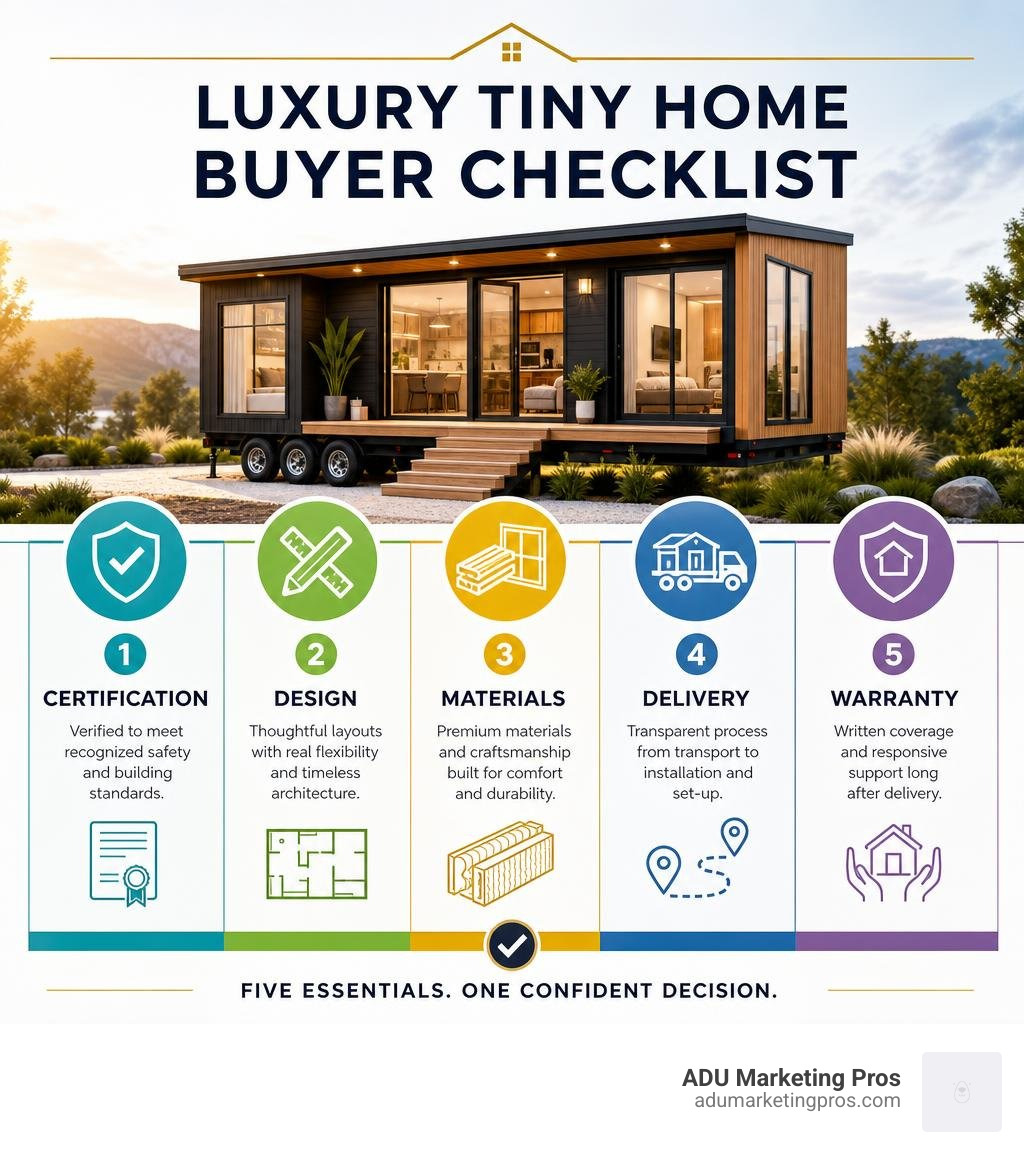 Luxury tiny home buyer checklist: certification, design, materials, delivery, warranty infographic