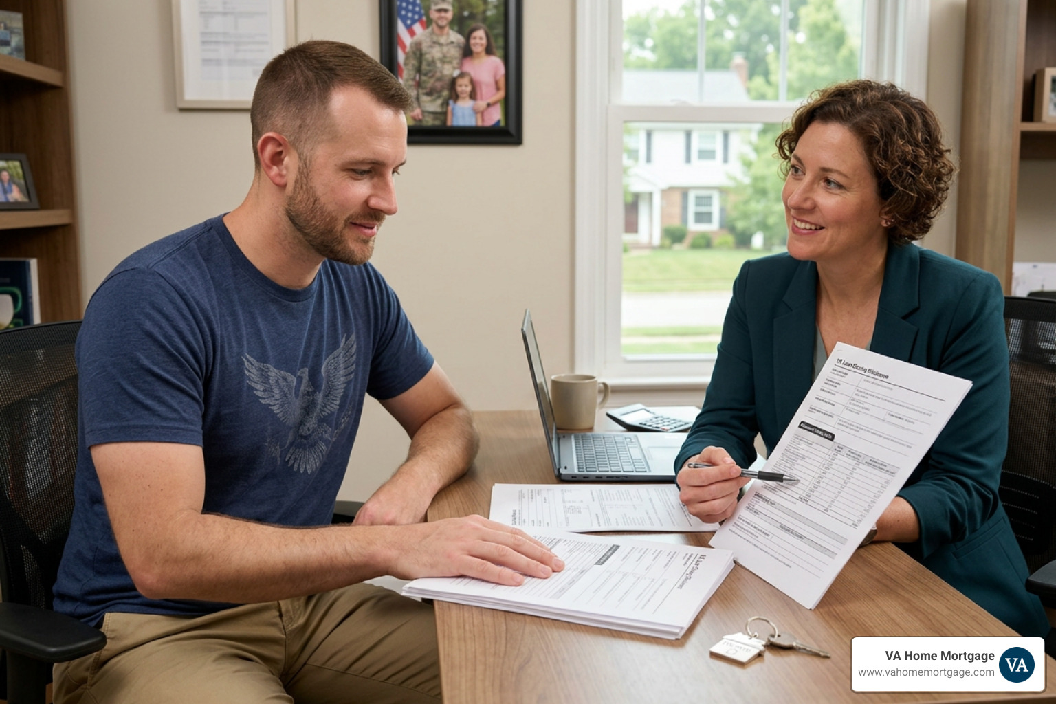 Military homebuyer reviewing closing cost estimates and loan paperwork Military homebuyer reviewing closing cost estimates and loan paperwork