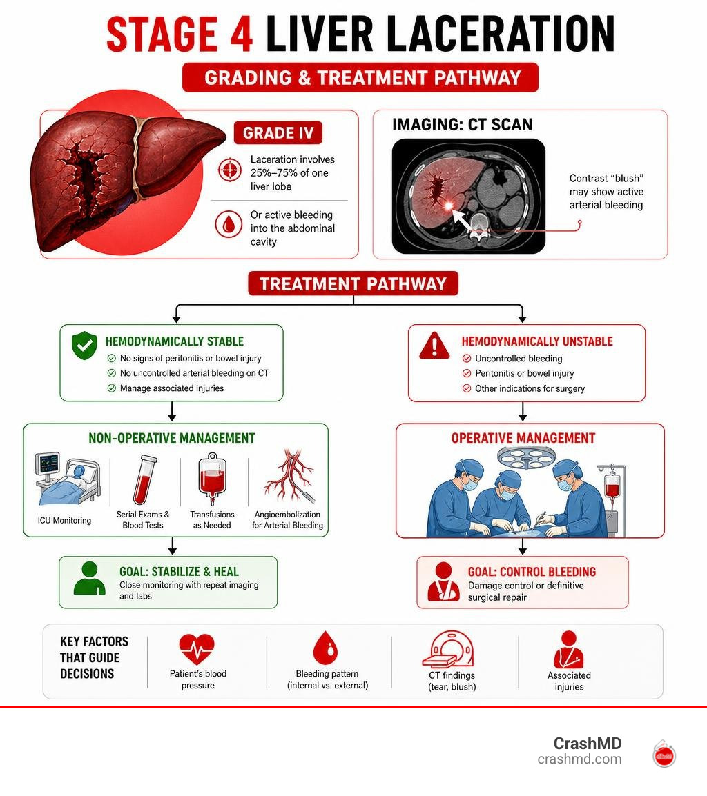 Stage 4 liver laceration grading and treatment pathway infographic
