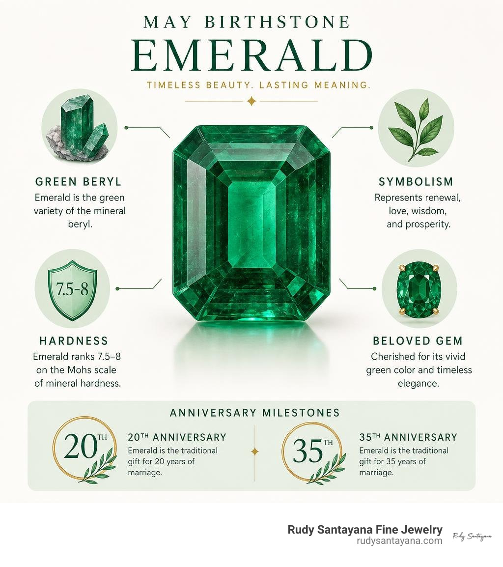 May emerald birthstone facts: green beryl, symbolism, hardness, and anniversary milestones infographic May emerald birthstone facts: green beryl, symbolism, hardness, and anniversary milestones infographic