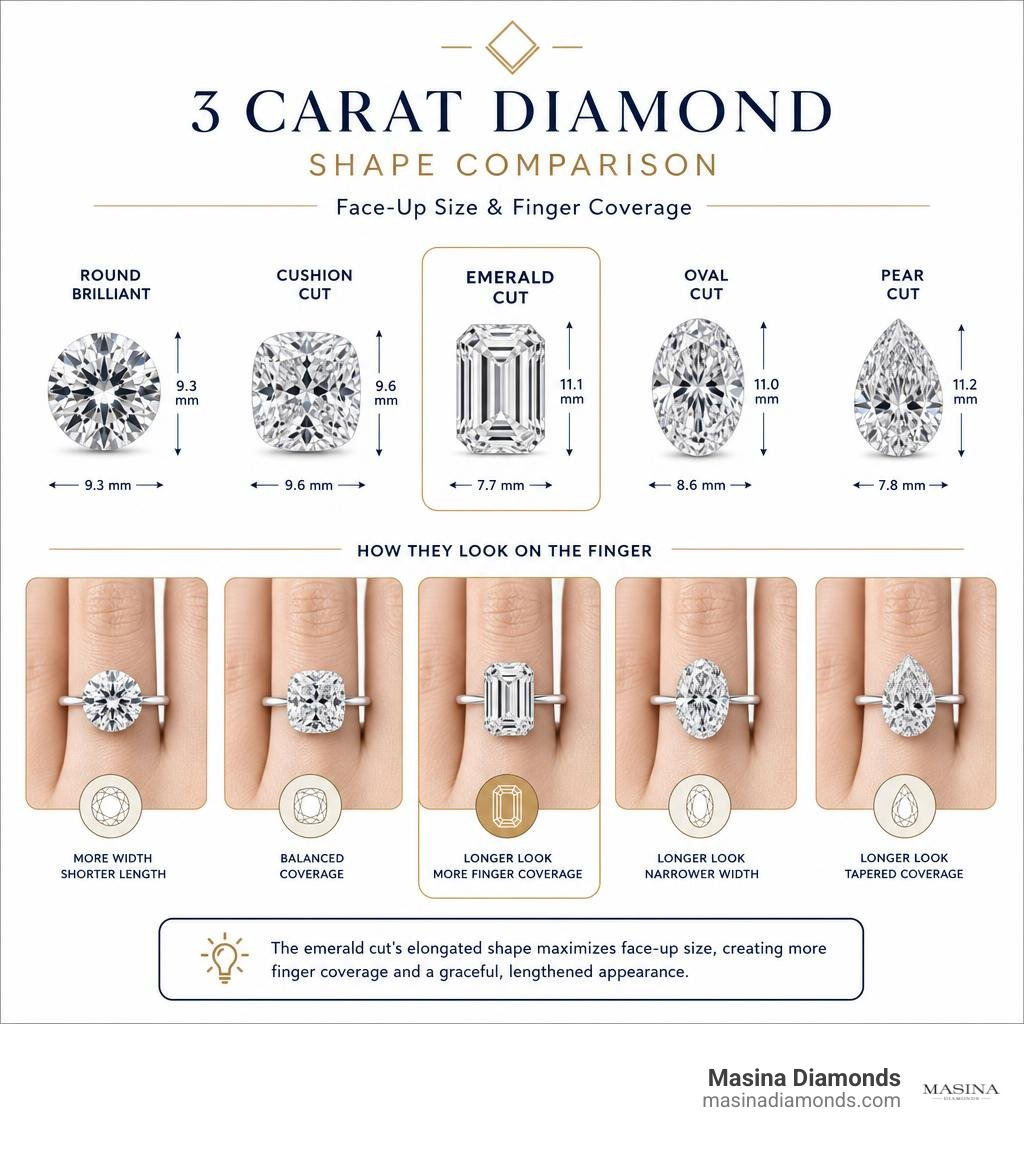 3 carat diamond shape comparison showing face-up size and finger coverage infographic