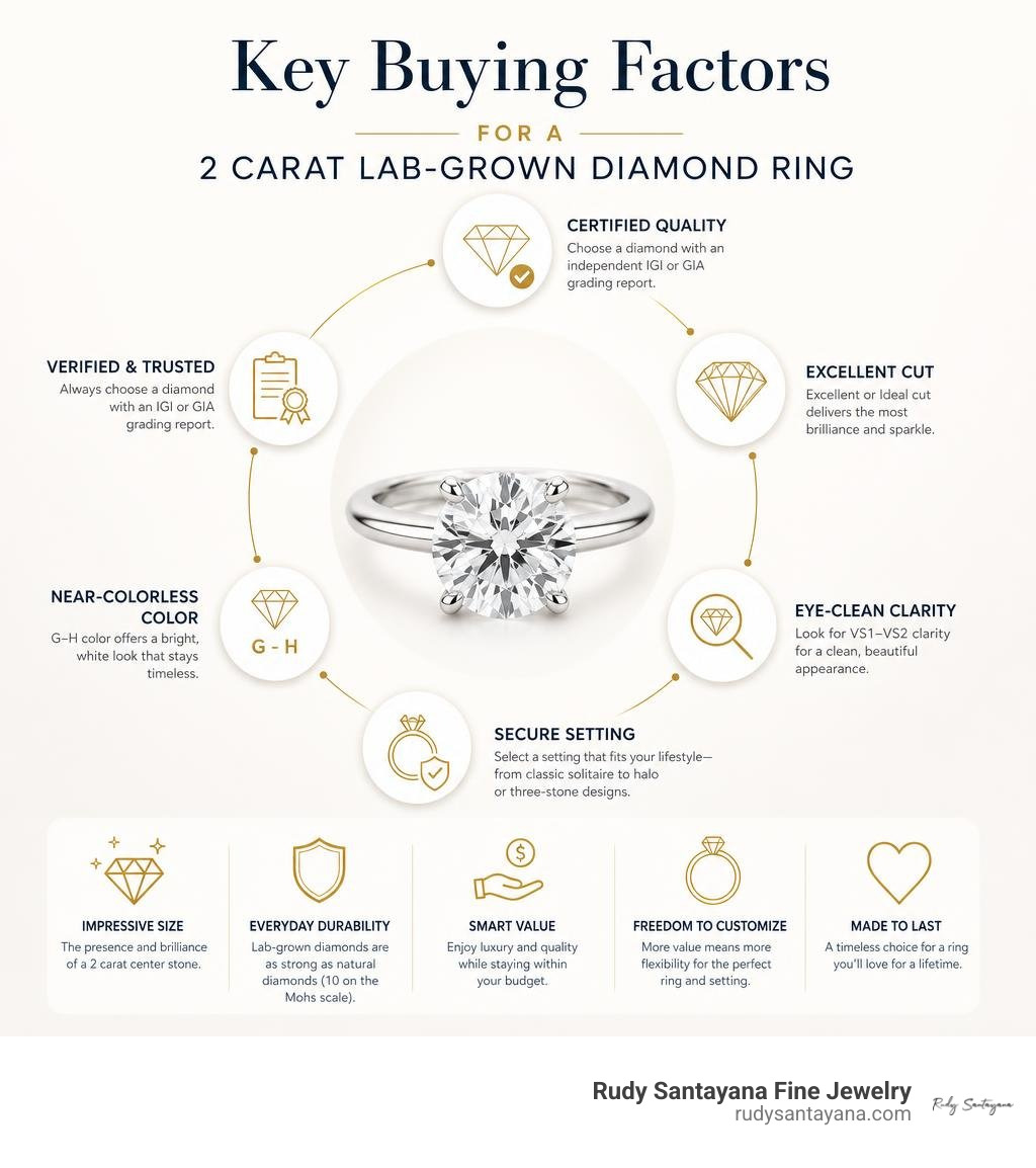 Key buying factors for a 2 carat lab-grown diamond ring infographic Key buying factors for a 2 carat lab-grown diamond ring infographic