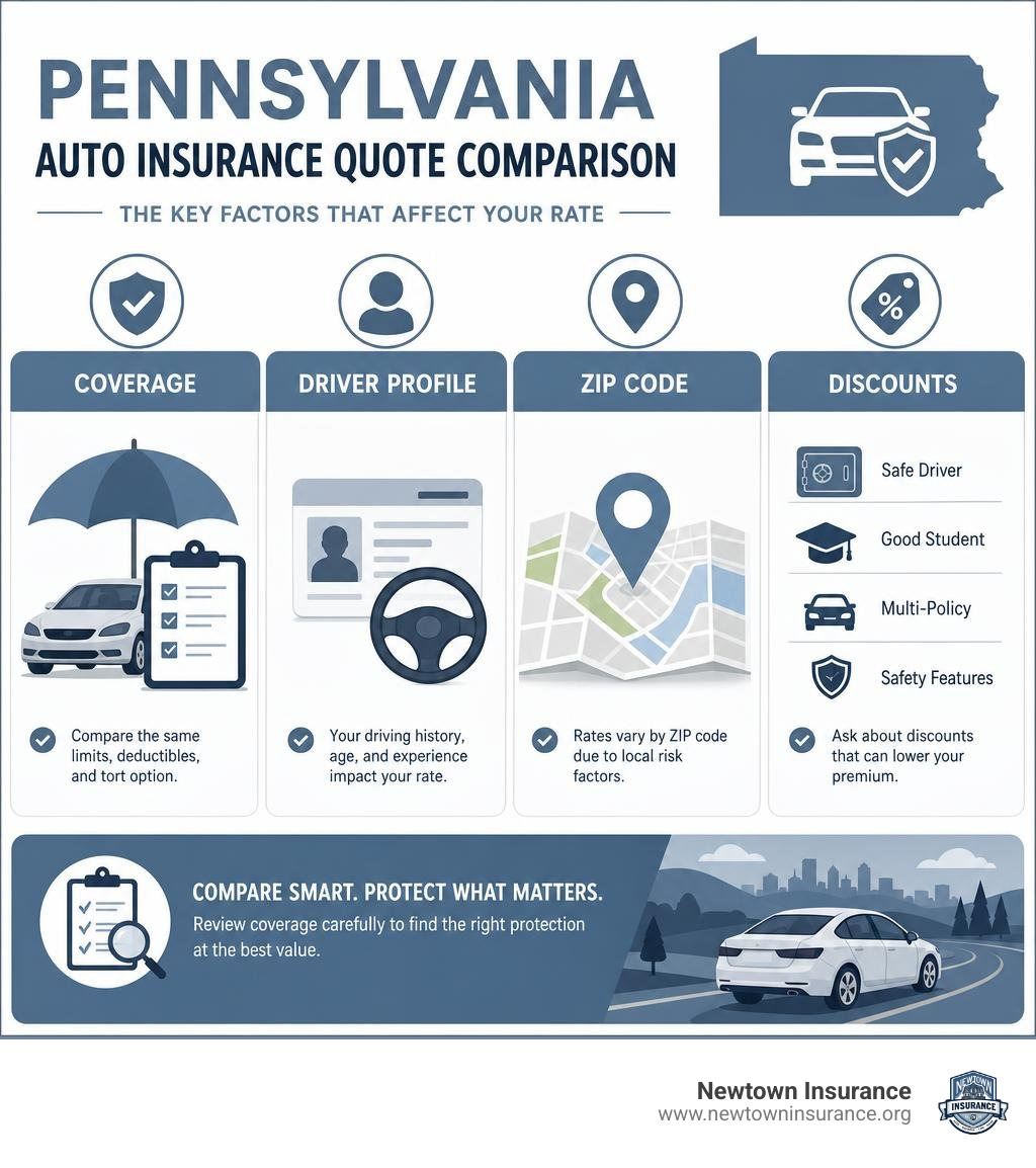 Pennsylvania auto insurance quote comparison: coverage, driver profile, ZIP code, and discounts infographic Pennsylvania auto insurance quote comparison: coverage, driver profile, ZIP code, and discounts infographic