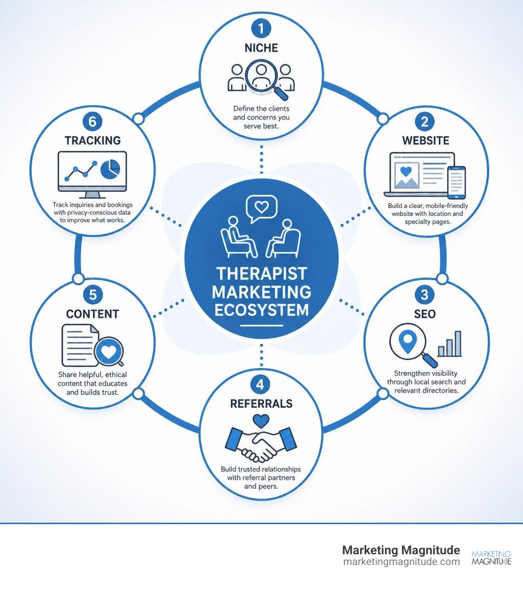 Therapist marketing ecosystem: niche, website, SEO, referrals, content, tracking infographic Therapist marketing ecosystem: niche, website, SEO, referrals, content, tracking infographic