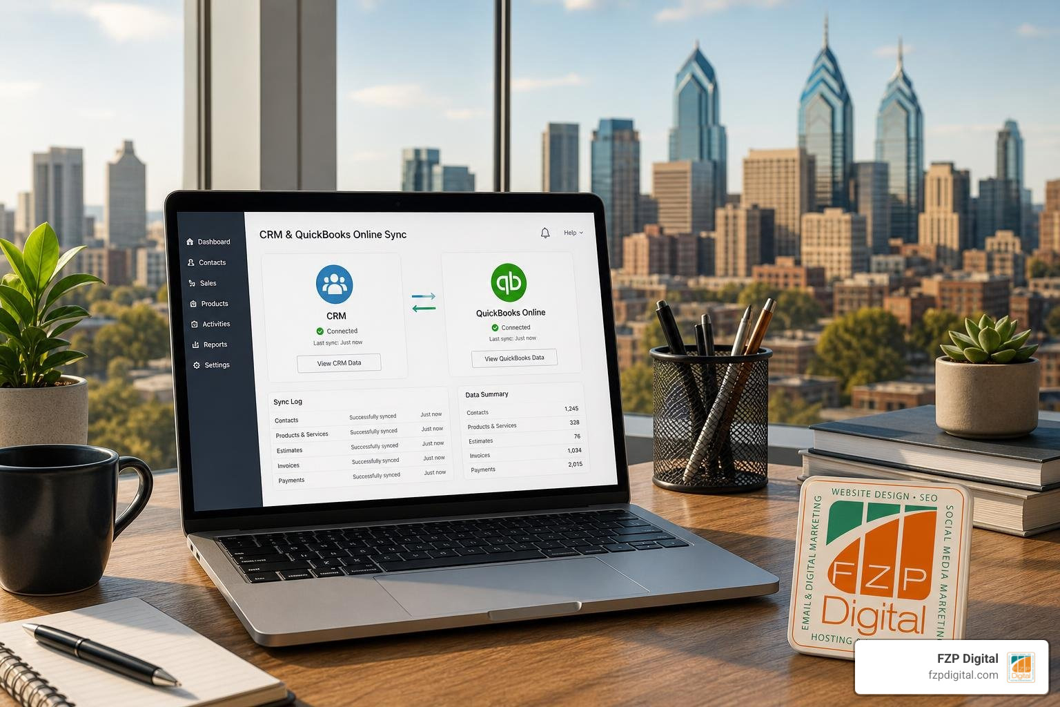 FZP Digital logo and CRM integration with QuickBooks Online dashboard synchronization