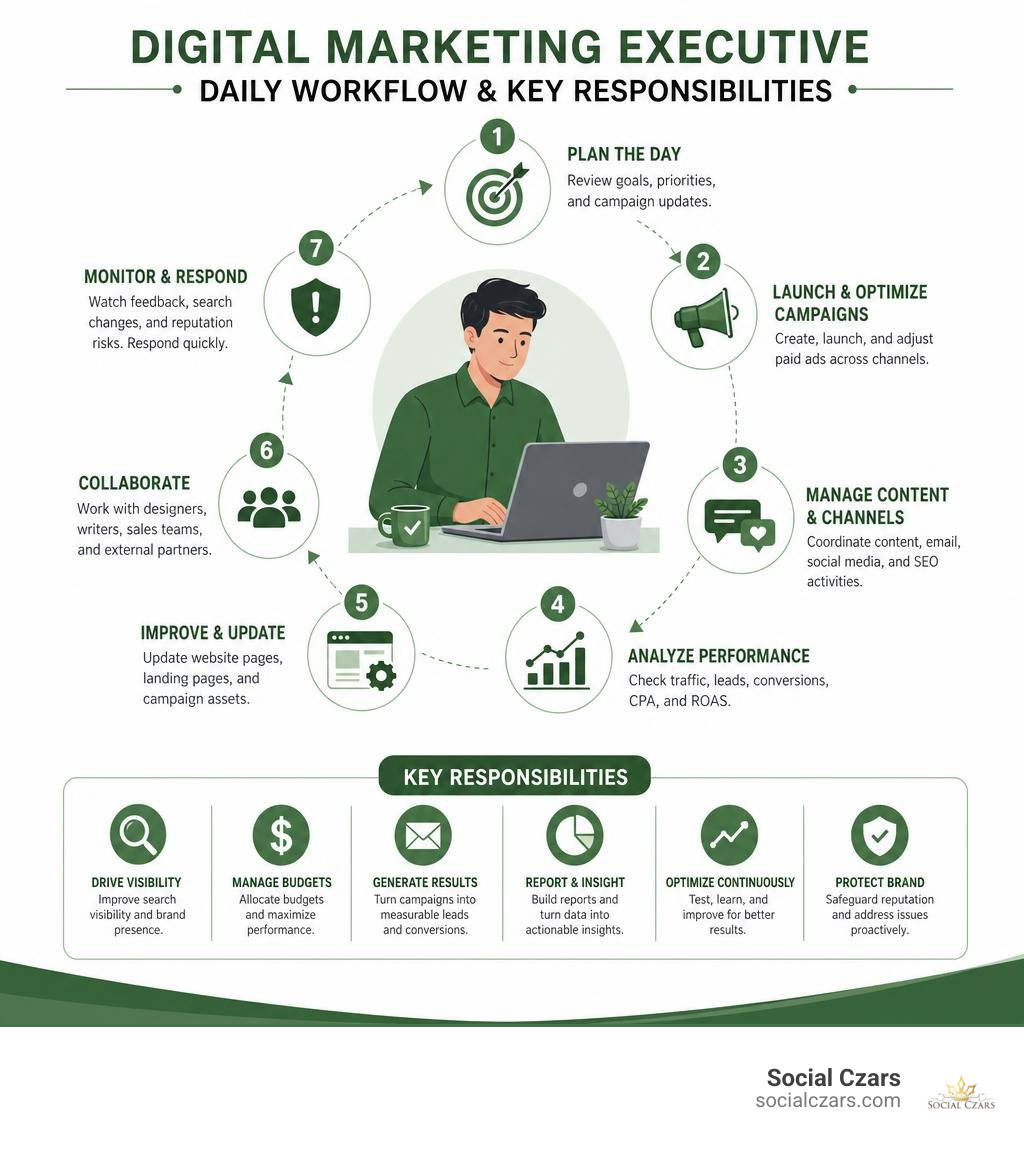 Digital marketing executive daily workflow and key responsibilities infographic