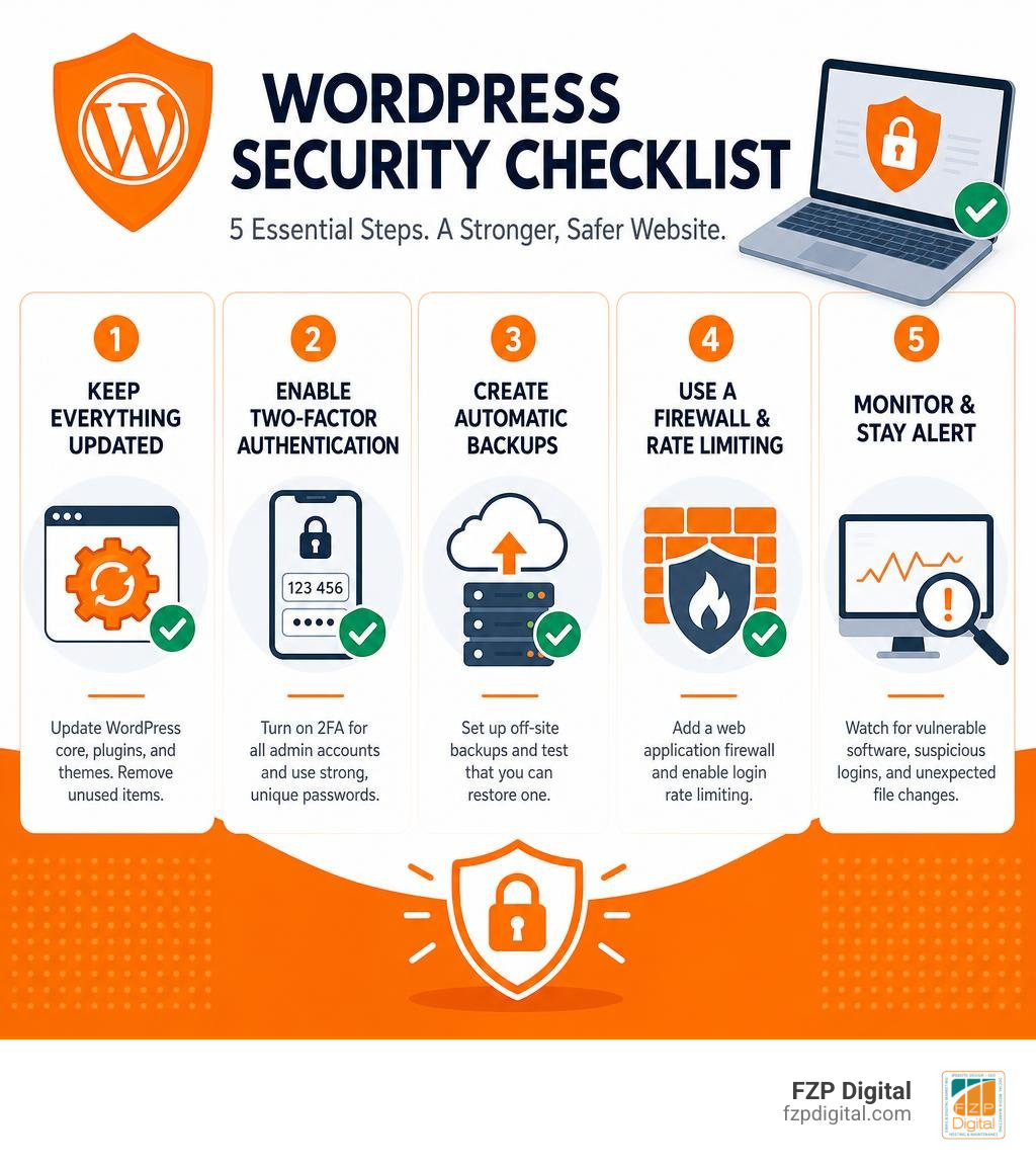 WordPress security checklist: updates, 2FA, backups, firewall, and monitoring infographic WordPress security checklist: updates, 2FA, backups, firewall, and monitoring infographic