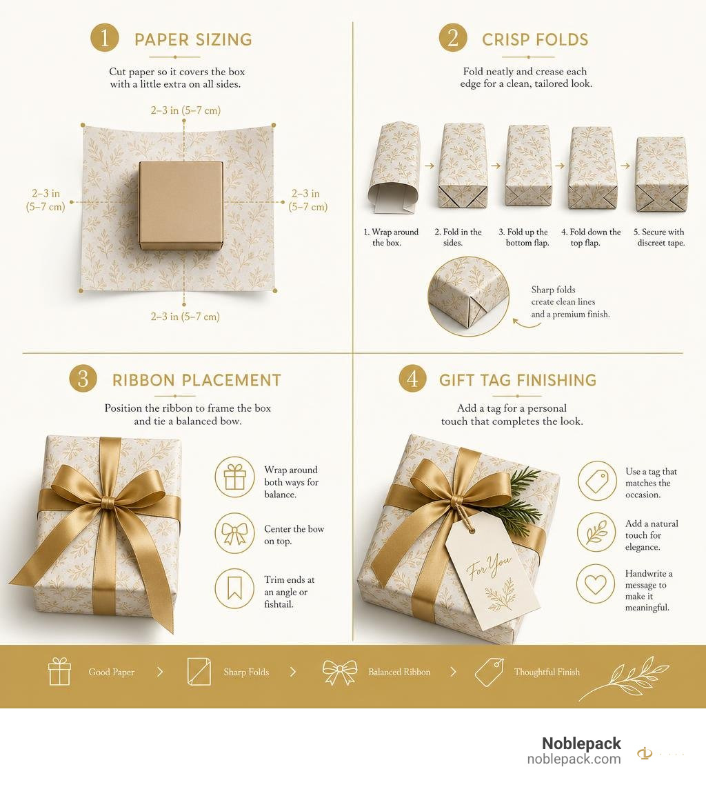 Infographic showing paper sizing, crisp folds, ribbon placement, and gift tag finishing infographic Infographic showing paper sizing, crisp folds, ribbon placement, and gift tag finishing infographic