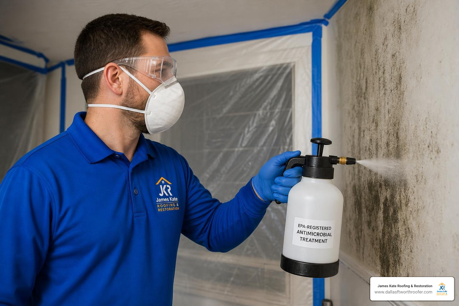 specialist applying EPA-registered antimicrobial treatment wearing royal blue shirt specialist applying EPA-registered antimicrobial treatment wearing royal blue shirt