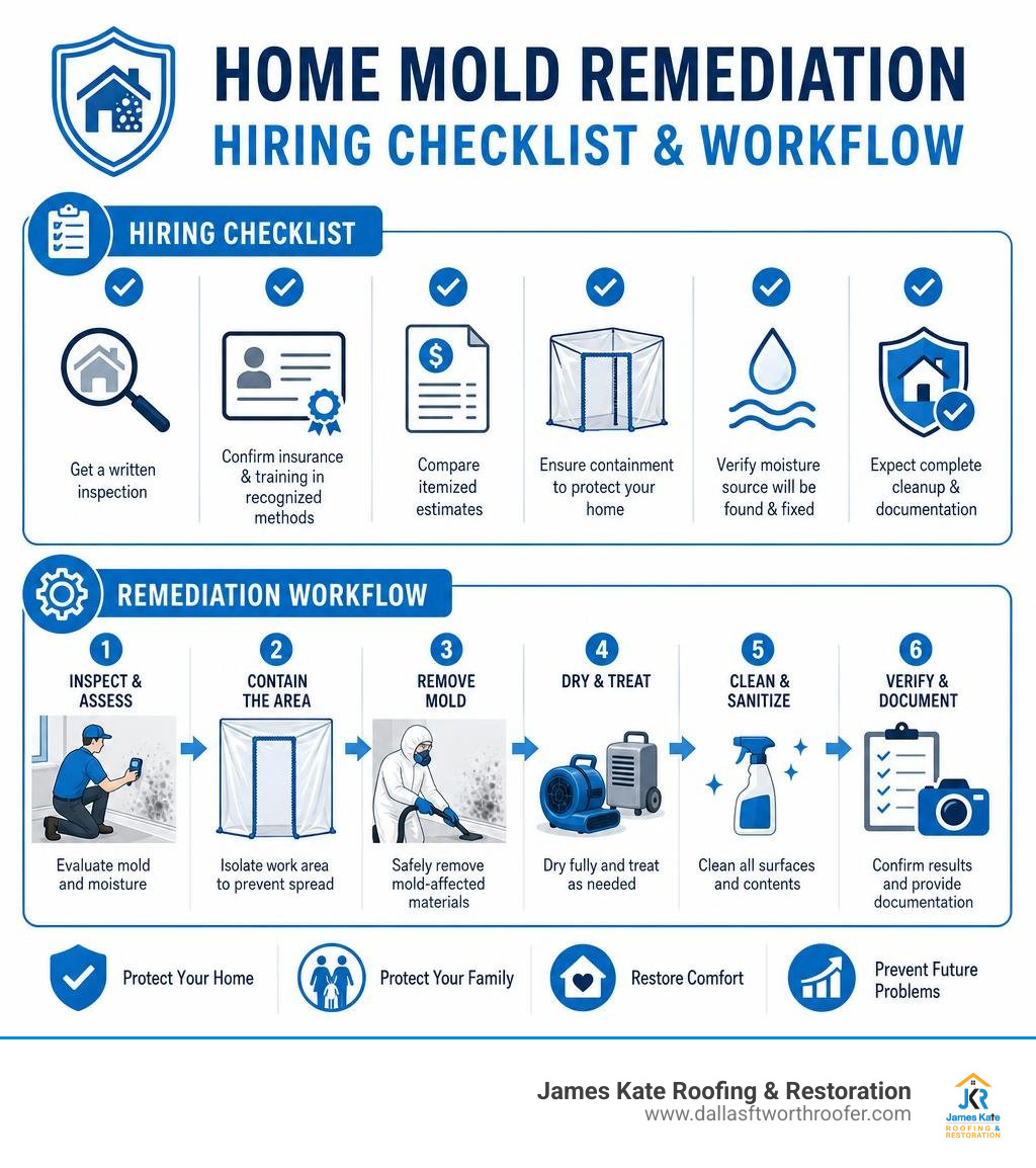 Home mold remediation hiring checklist and workflow infographic Home mold remediation hiring checklist and workflow infographic