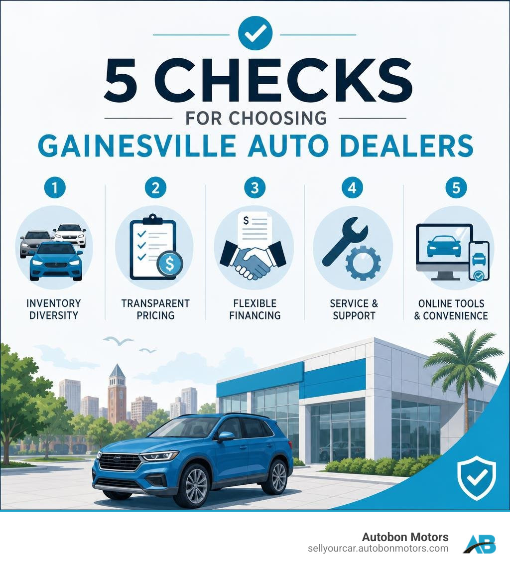 Five checks for choosing Gainesville auto dealers infographic
