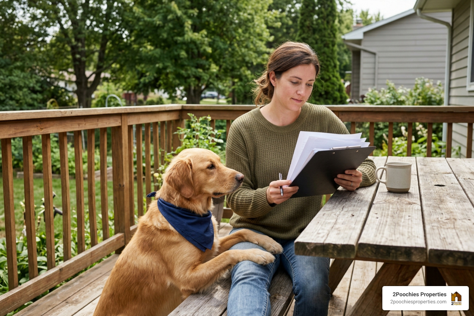 Pet owner reviewing lease with dog on deck