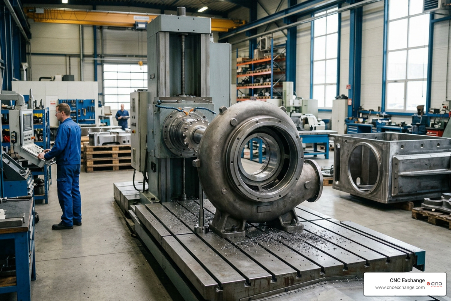 Large turbine housing being machined on a floor plate